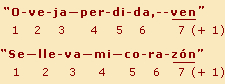 'O-ve-ja--per-di-da,--ven' [7+1]; 'Se--lle-va--mi--co-ra-zón' [7+1]
